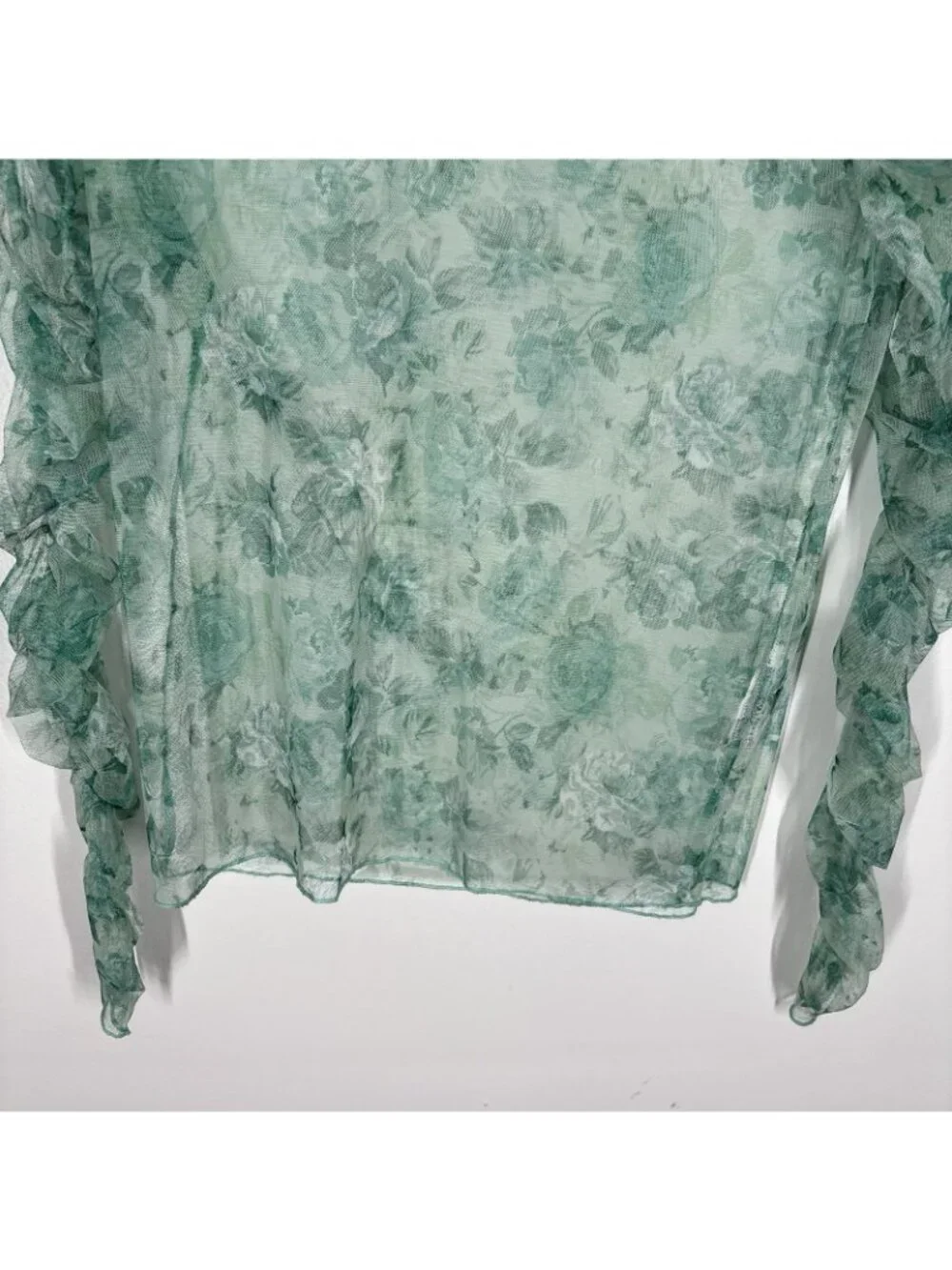 Zara Women M Green Floral Mesh Sheer Y2K Ruched Long Sleeve Blouse NWOT